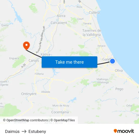 Daimús to Estubeny map