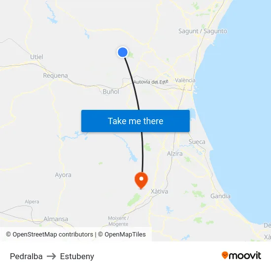Pedralba to Estubeny map