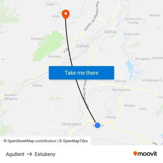 Agullent to Estubeny map