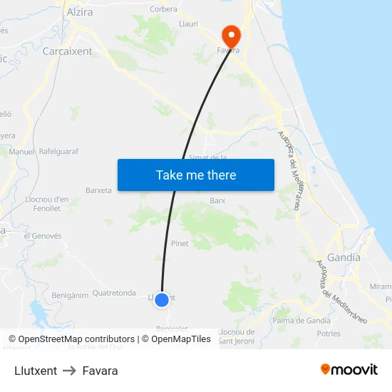 Llutxent to Favara map