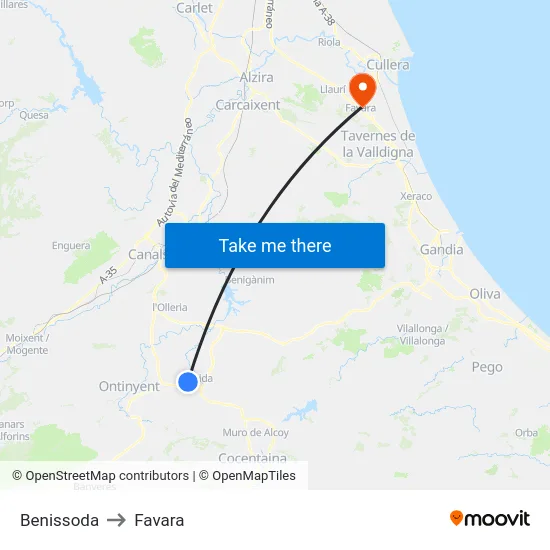 Benissoda to Favara map