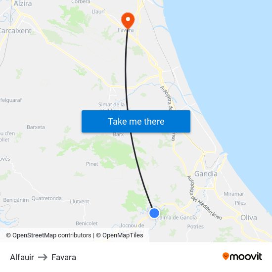 Alfauir to Favara map
