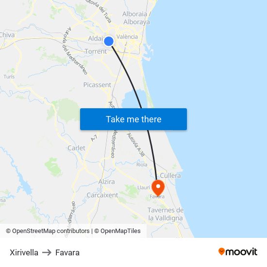 Xirivella to Favara map