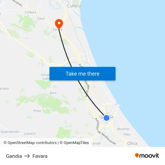 Gandía to Favara map