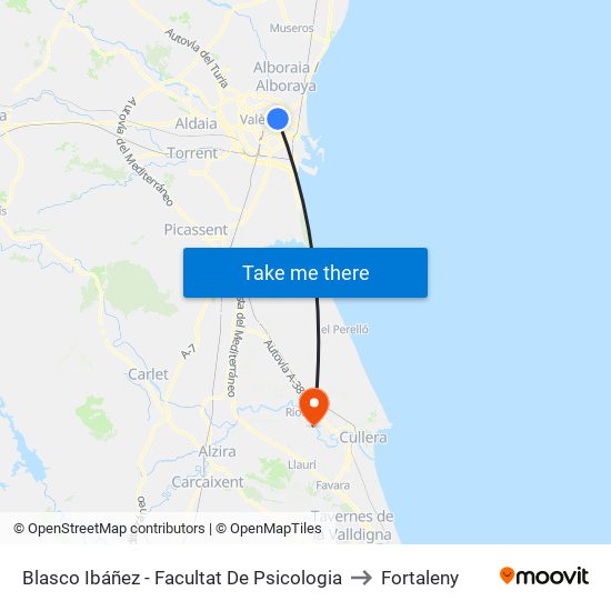 Blasco Ibáñez - Facultat De Psicologia to Fortaleny map