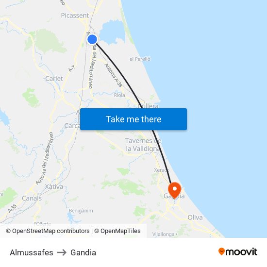 Almussafes to Gandia map