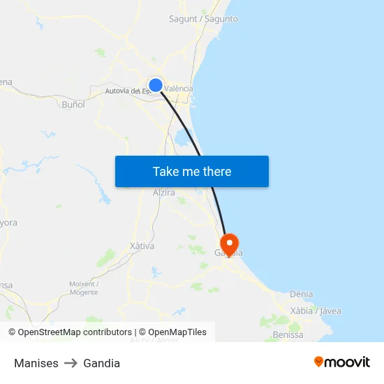 Manises to Gandia map