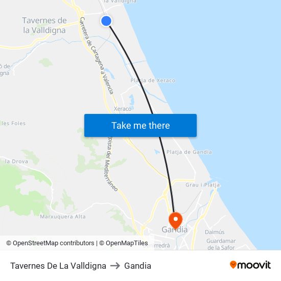 Tavernes De La Valldigna to Gandia map