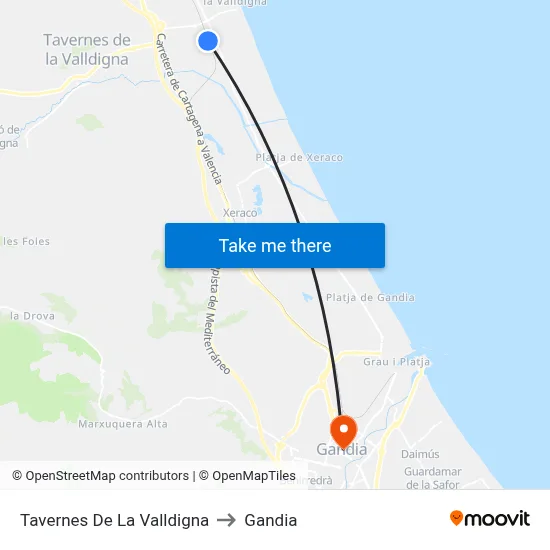 Tavernes De La Valldigna to Gandia map
