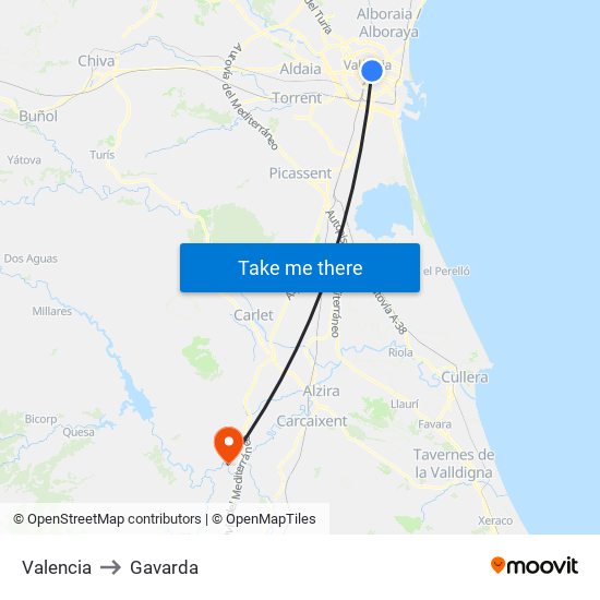 Valencia to Gavarda map