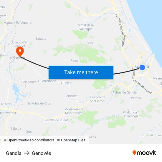 Gandía to Genovés map