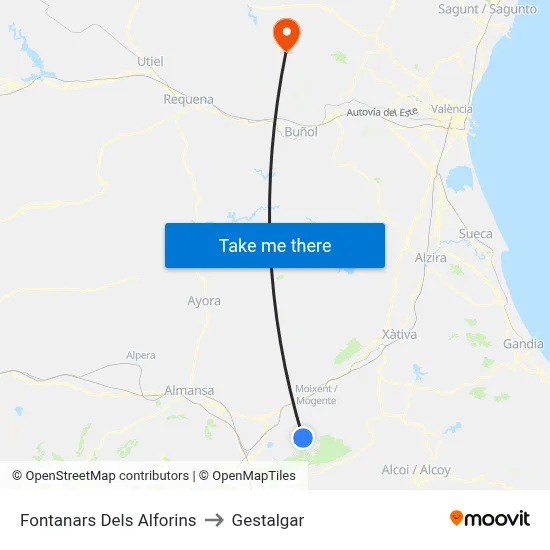 Fontanars Dels Alforins to Gestalgar map