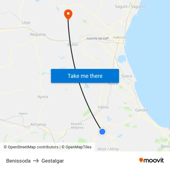 Benissoda to Gestalgar map