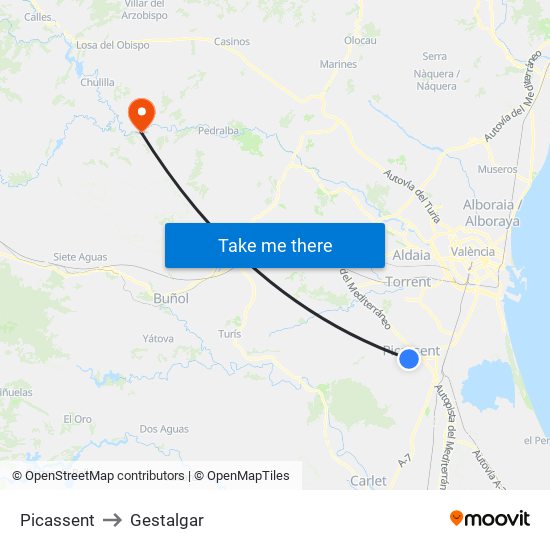 Picassent to Gestalgar map