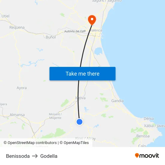 Benissoda to Godella map