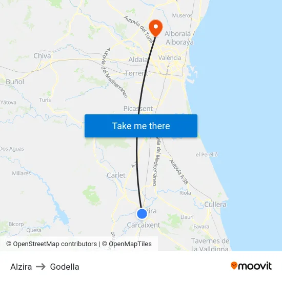 Alzira to Godella map