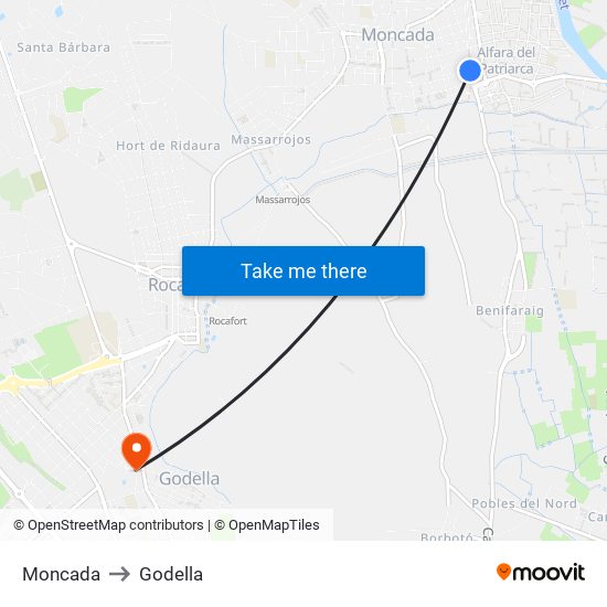 Moncada to Godella map