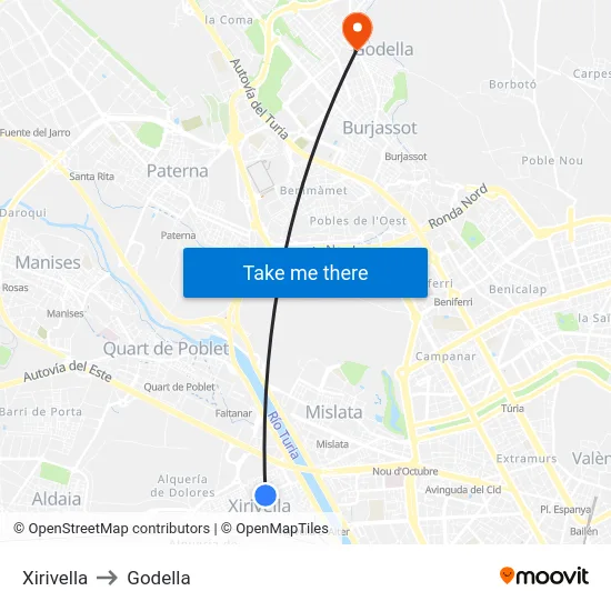 Xirivella to Godella map