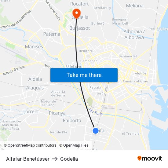 Alfafar-Benetússer to Godella map
