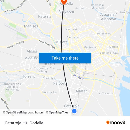 Catarroja to Godella map