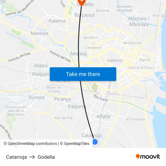 Catarroja to Godella map
