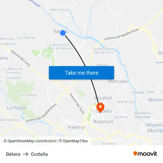 Bétera to Godella map