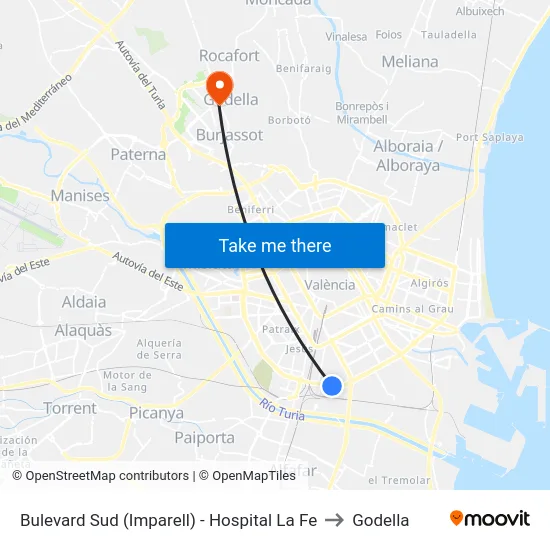 Bulevard Sud (Imparell) - Hospital La Fe to Godella map