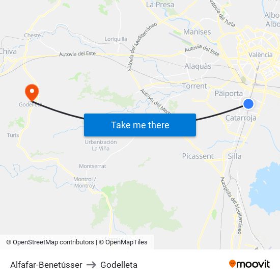 Alfafar-Benetússer to Godelleta map