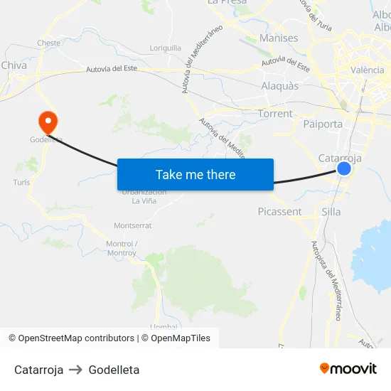 Catarroja to Godelleta map