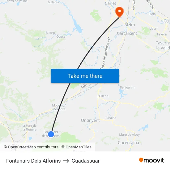 Fontanars Dels Alforins to Guadassuar map