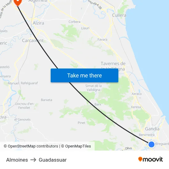 Almoines to Guadassuar map