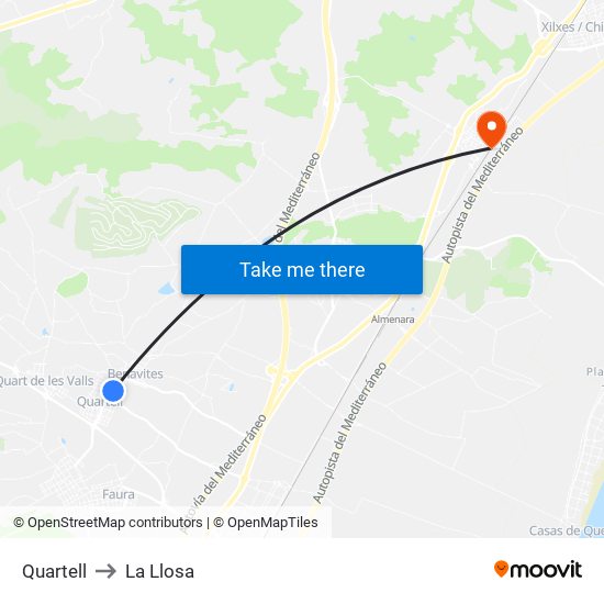 Quartell to La Llosa map