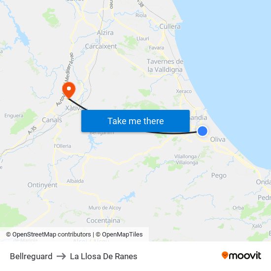 Bellreguard to La Llosa De Ranes map