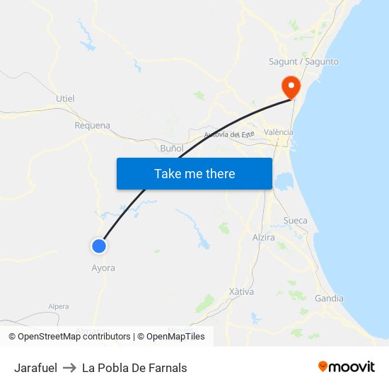 Jarafuel to La Pobla De Farnals map