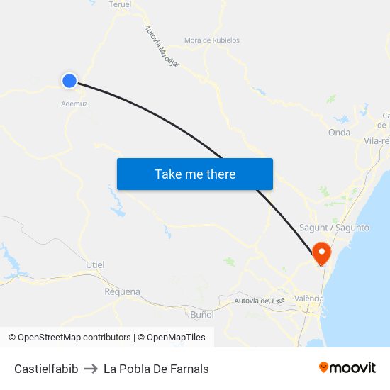Castielfabib to La Pobla De Farnals map