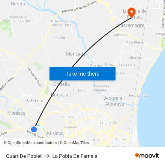 Quart De Poblet to La Pobla De Farnals map