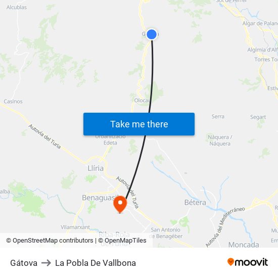 Gátova to La Pobla De Vallbona map