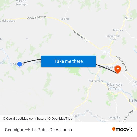 Gestalgar to La Pobla De Vallbona map