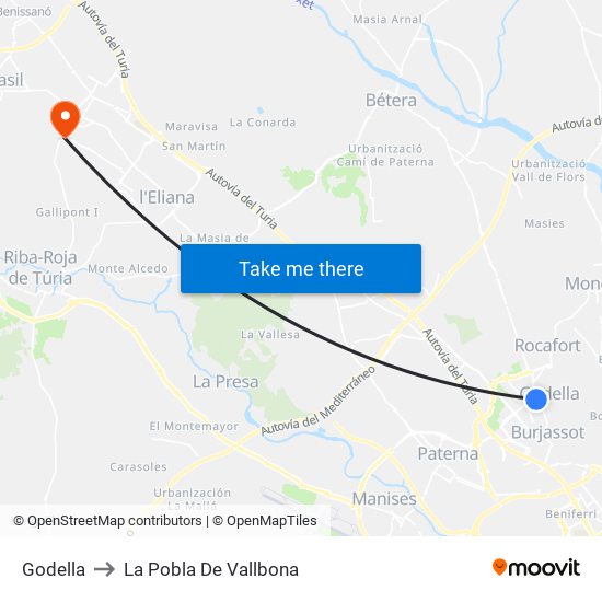 Godella to La Pobla De Vallbona map