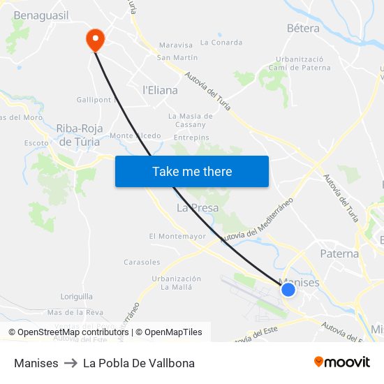 Manises to La Pobla De Vallbona map