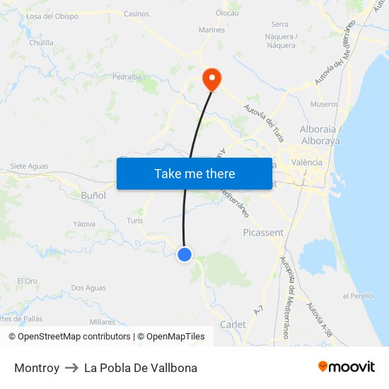 Montroy to La Pobla De Vallbona map