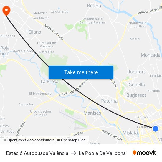 Estació Autobusos València to La Pobla De Vallbona map