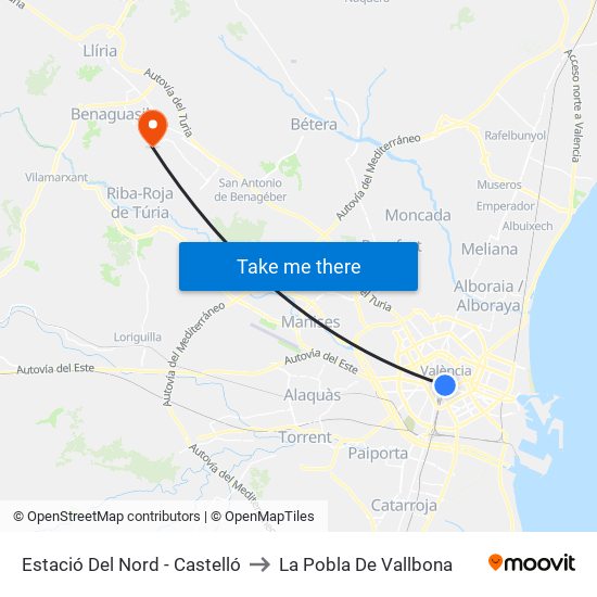 Estació Del Nord - Castelló to La Pobla De Vallbona map