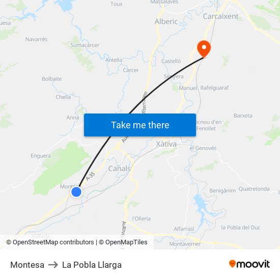Montesa to La Pobla Llarga map