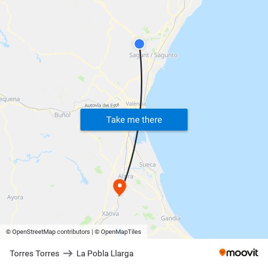 Torres Torres to La Pobla Llarga map