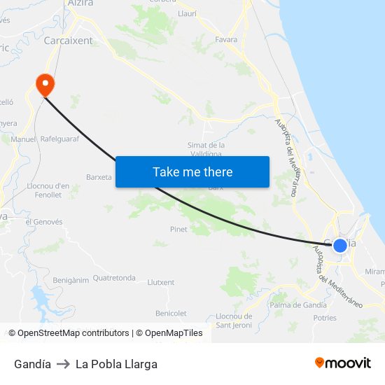 Gandía to La Pobla Llarga map