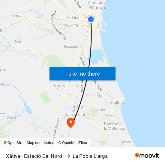 Xàtiva - Estació Del Nord to La Pobla Llarga map