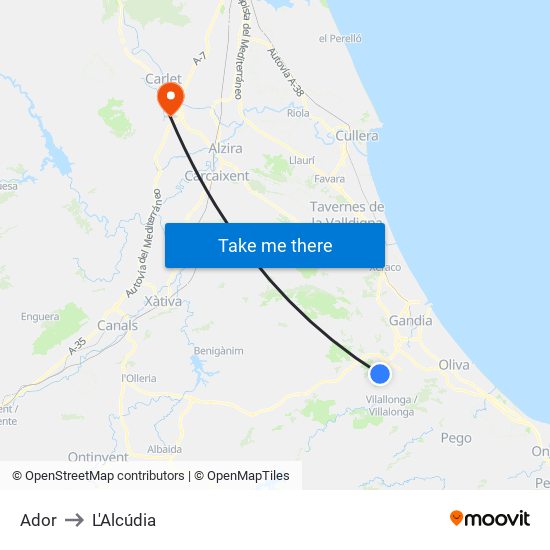 Ador to L'Alcúdia map