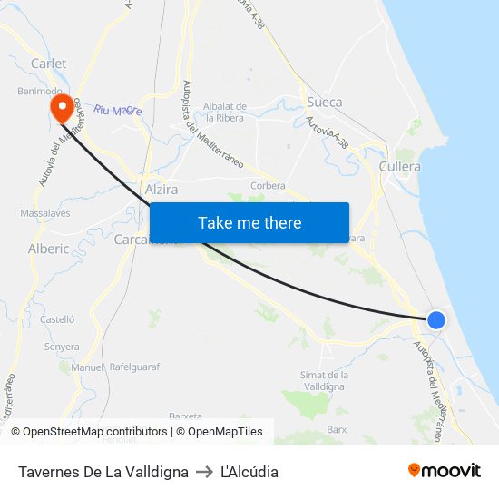 Tavernes De La Valldigna to L'Alcúdia map