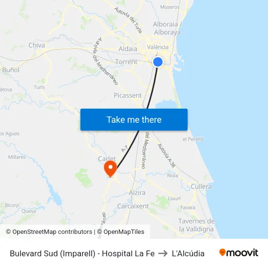 Bulevard Sud (Imparell) - Hospital La Fe to L'Alcúdia map